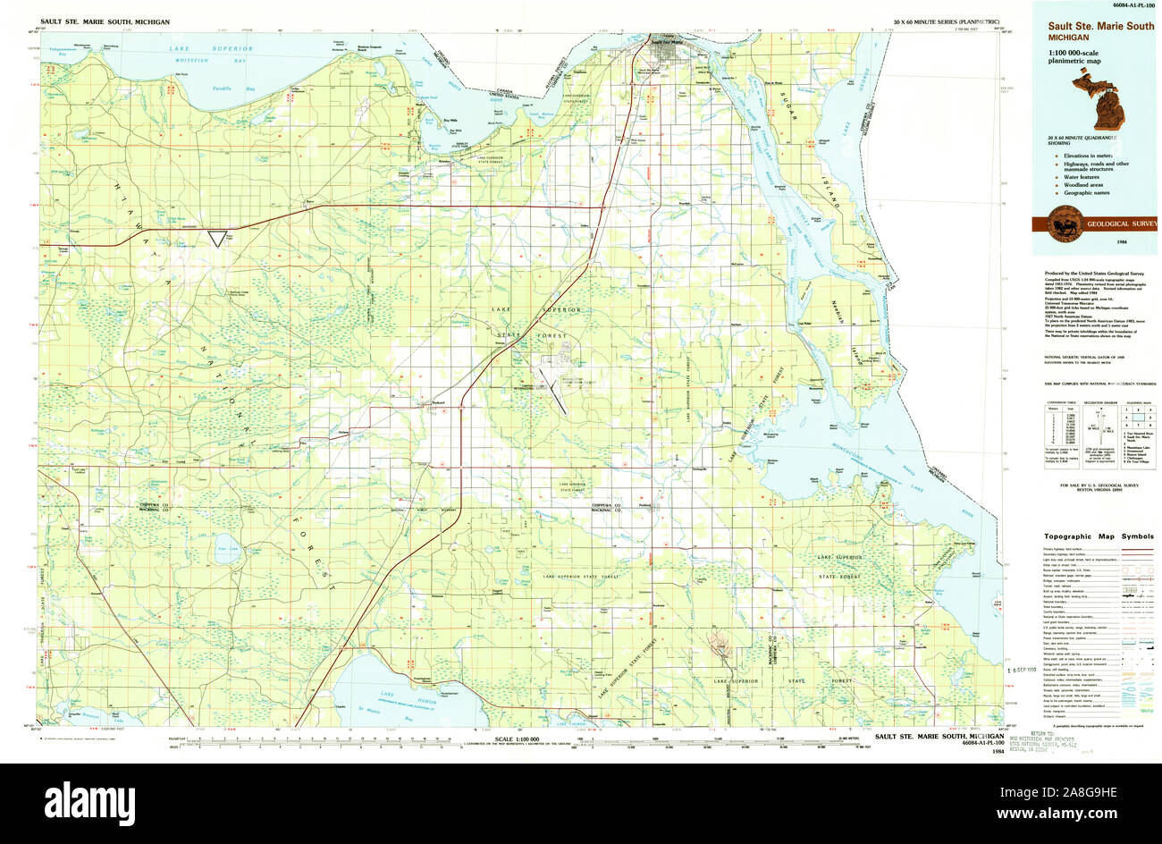 USGS TOPO Map Michigan MI Sault Ste Marie South 278695 1984 100000 Stock Photo