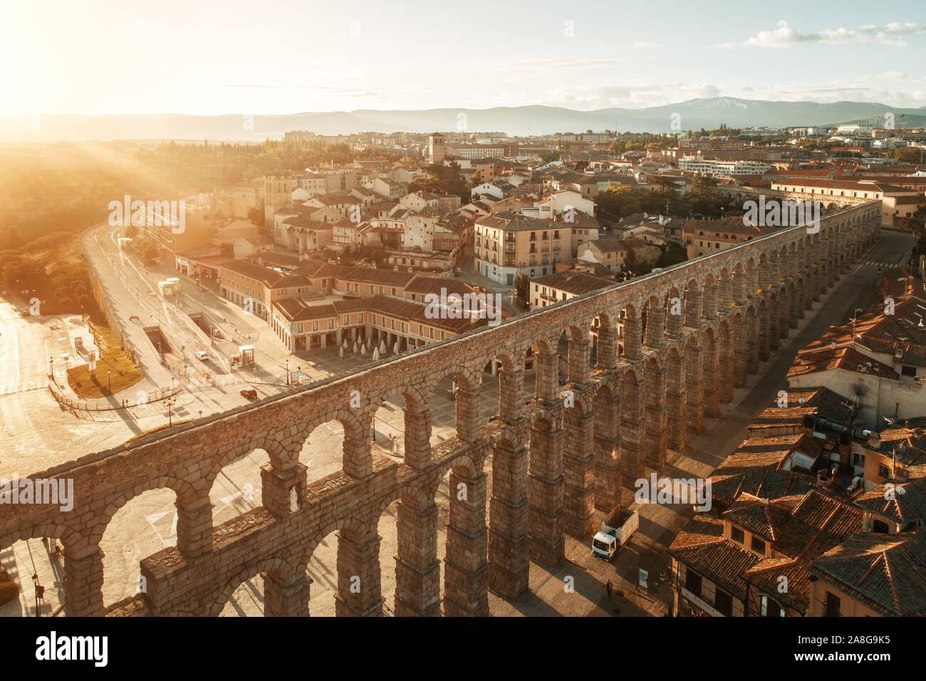 Segovia ancient Roman Aqueduct aerial sunrise view in Spain Stock Photo ...