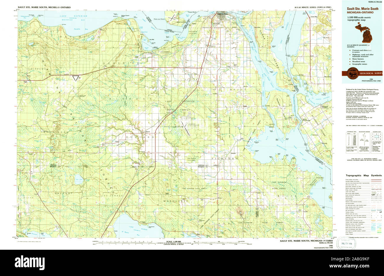 USGS TOPO Map Michigan MI Sault Ste Marie South 278696 1984 100000 Stock Photo