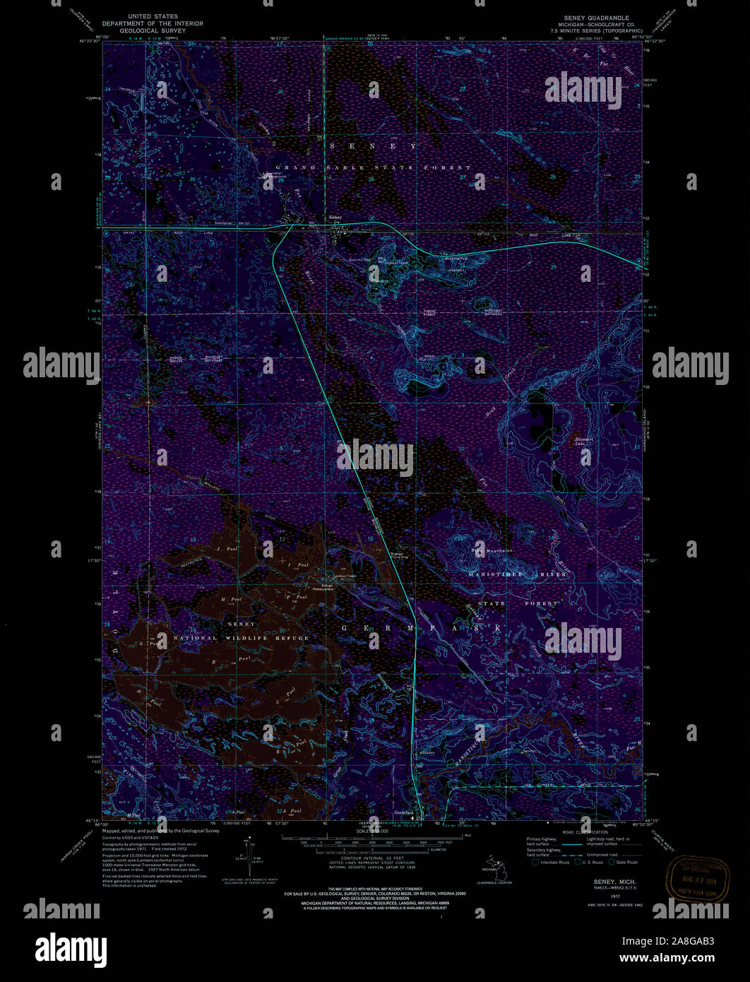 USGS TOPO Map Michigan MI Seney 277202 1972 24000 Inverted Stock Photo