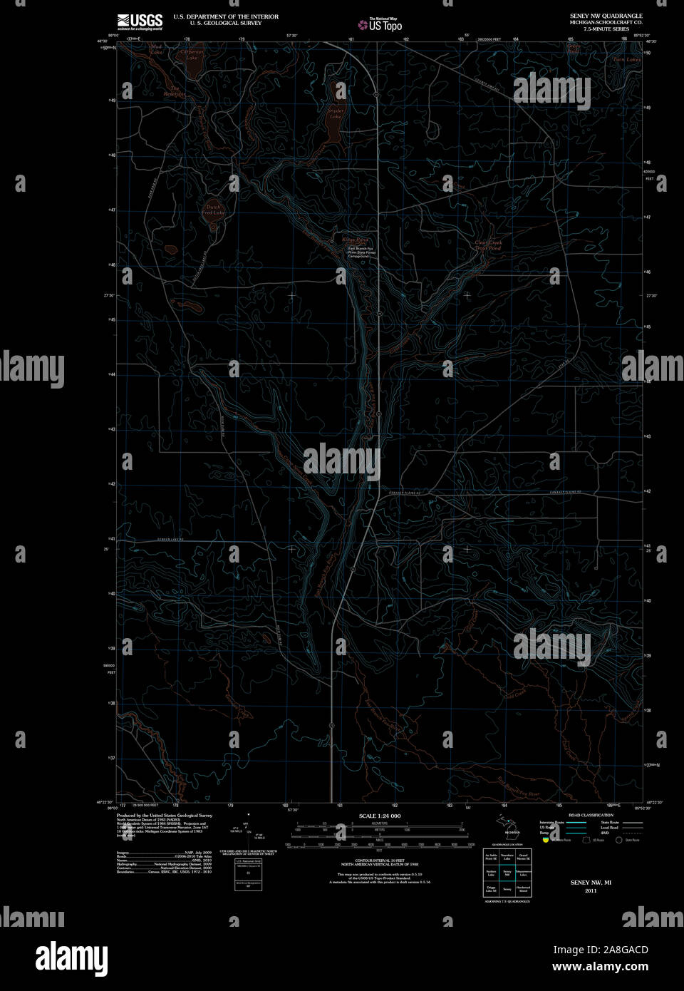 USGS TOPO Map Michigan MI Seney NW 20110929 TM Inverted Stock Photo