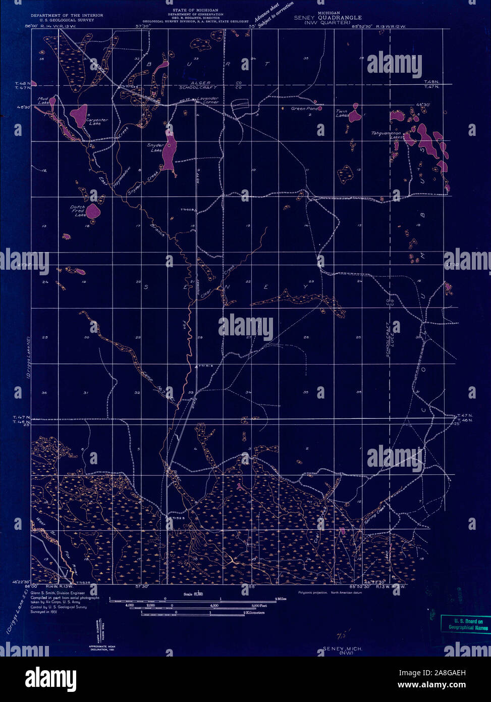 USGS TOPO Map Michigan MI Seney NW 277909 1931 31680 Inverted Stock Photo