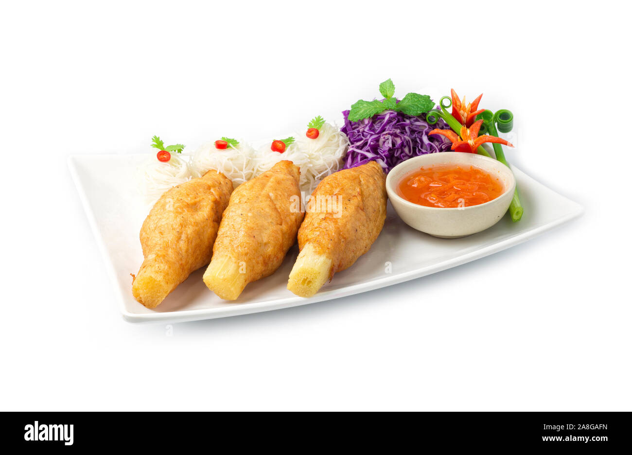 Vietnamese Shrimp Deep Fried on Sugarcane Stick and thin rice noodles