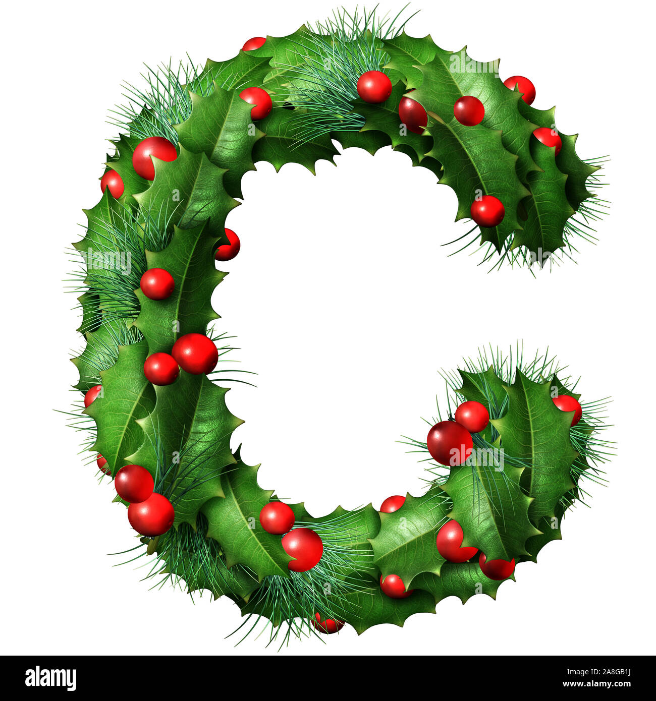Holiday font letter C as a festive winter season decorated garland as a Christmas  or New Year seasonal alphabet lettering isolated on a white. Stock Photo