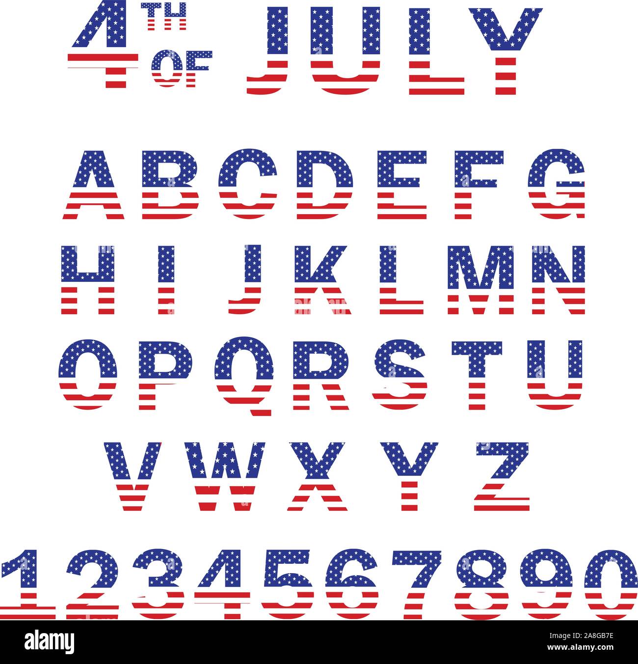 USA Flag Alphabet and Numbers. 4th of July USA flag style font design