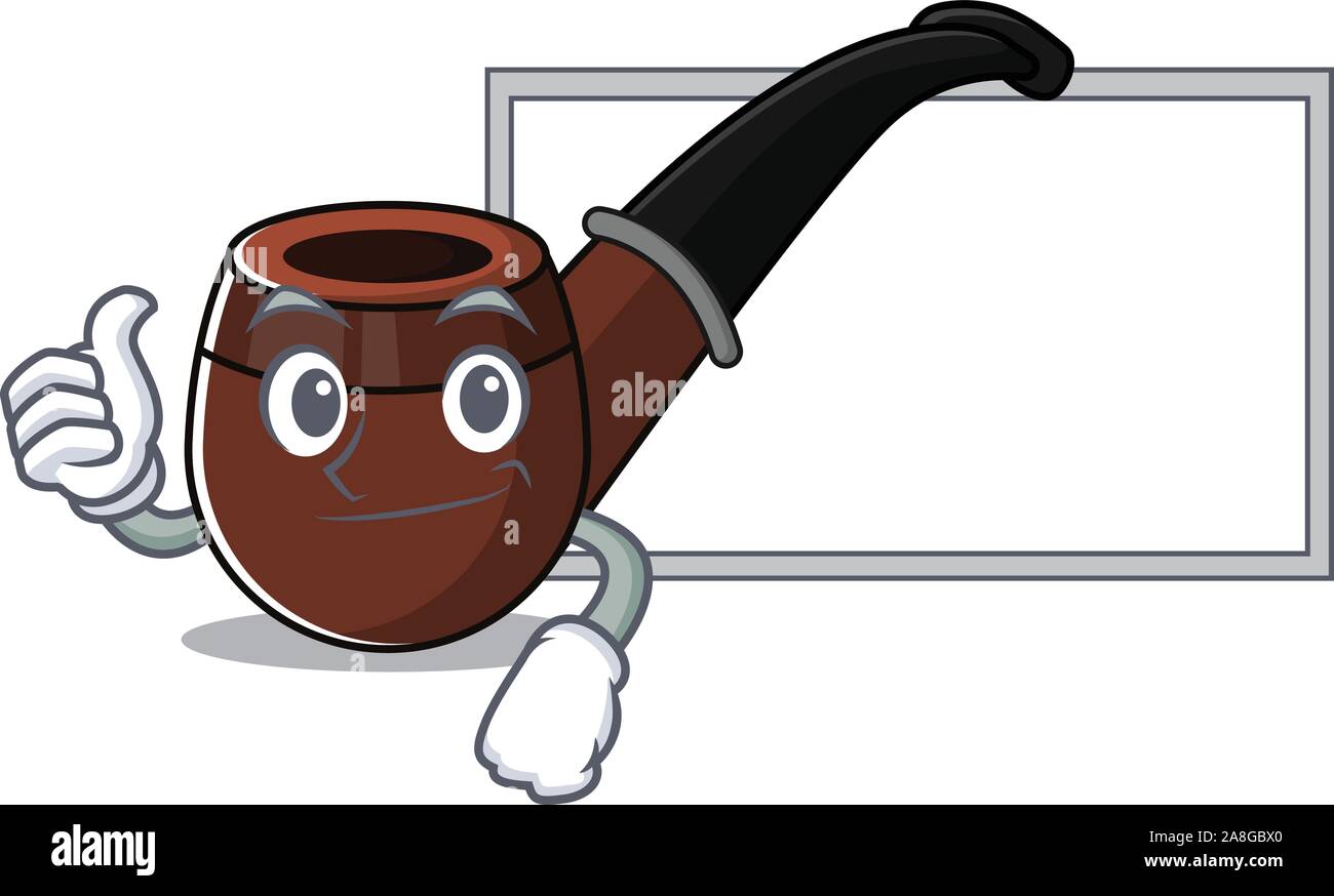 Funny smoke pipe in thumbs up with board cartoon character Stock Vector