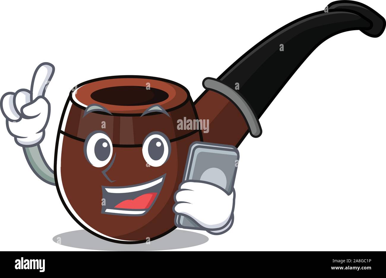 Funny smoke pipe in with holding phone cartoon character Stock Vector