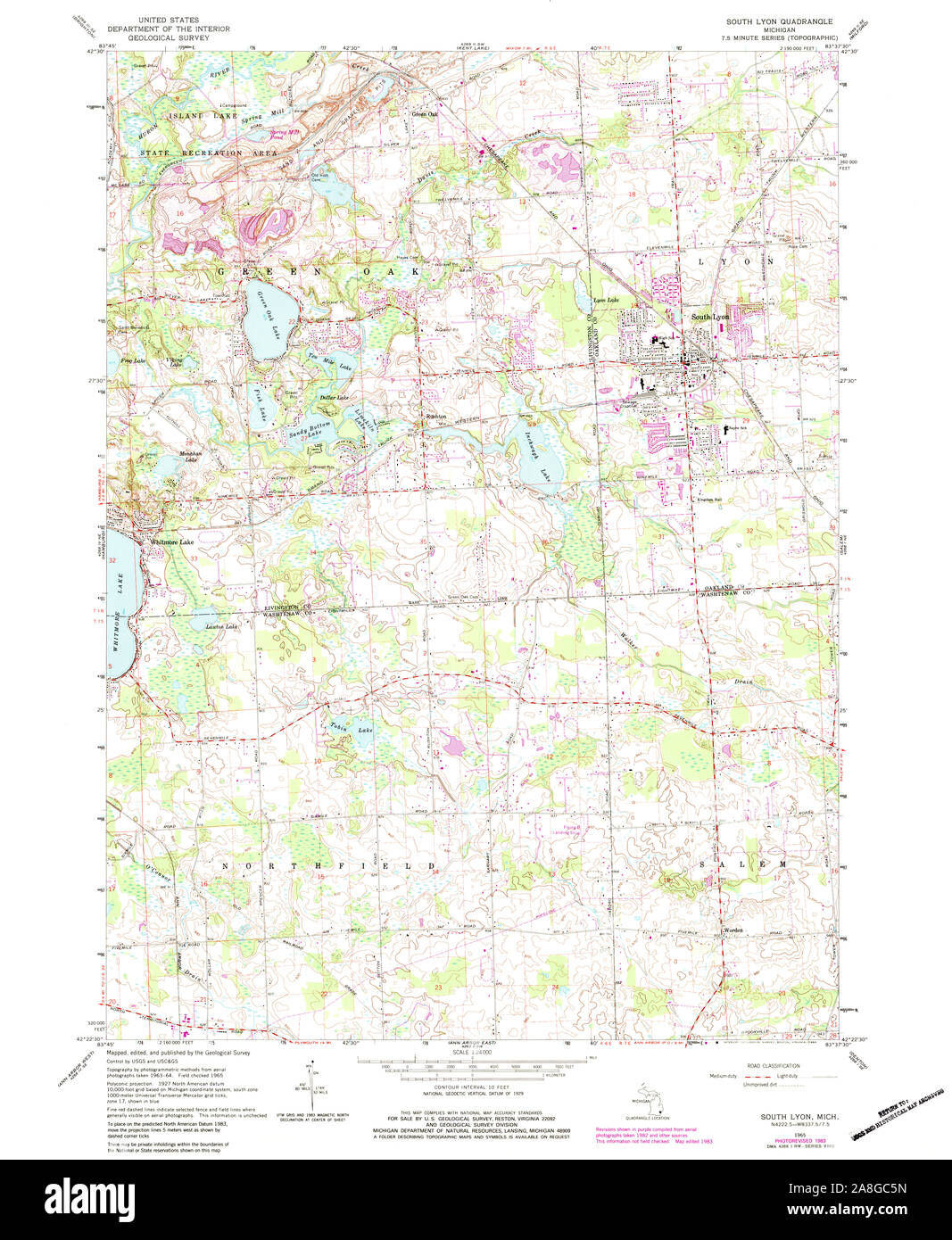 Usgs Topo Map Michigan Mi South Lyon 277265 1965 24000 Stock Photo