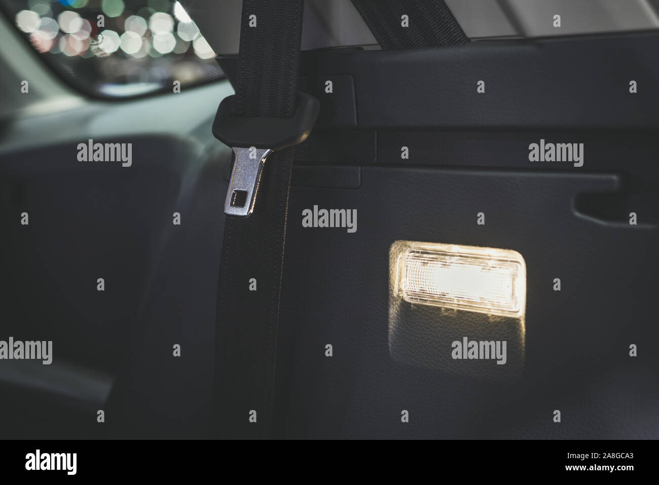modern luxury car interior lights closeup image,seat belt in the