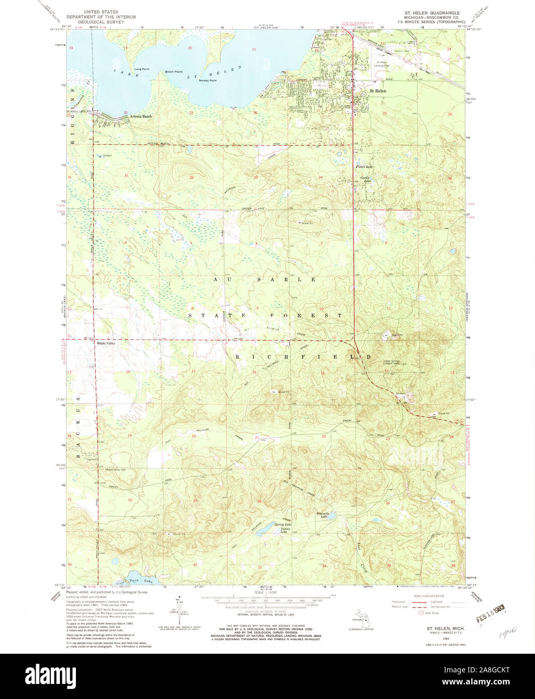 Usgs Topo Map Michigan Mi St Helen 277293 1965 24000 Stock Photo