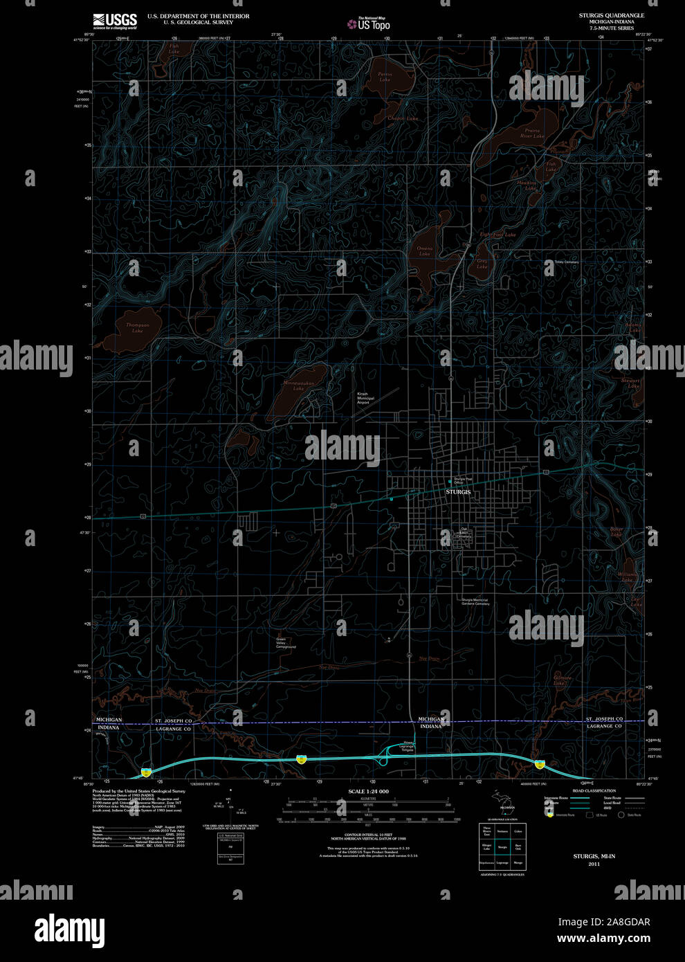 USGS TOPO Map Michigan MI Sturgis 20110927 TM Inverted Stock Photo