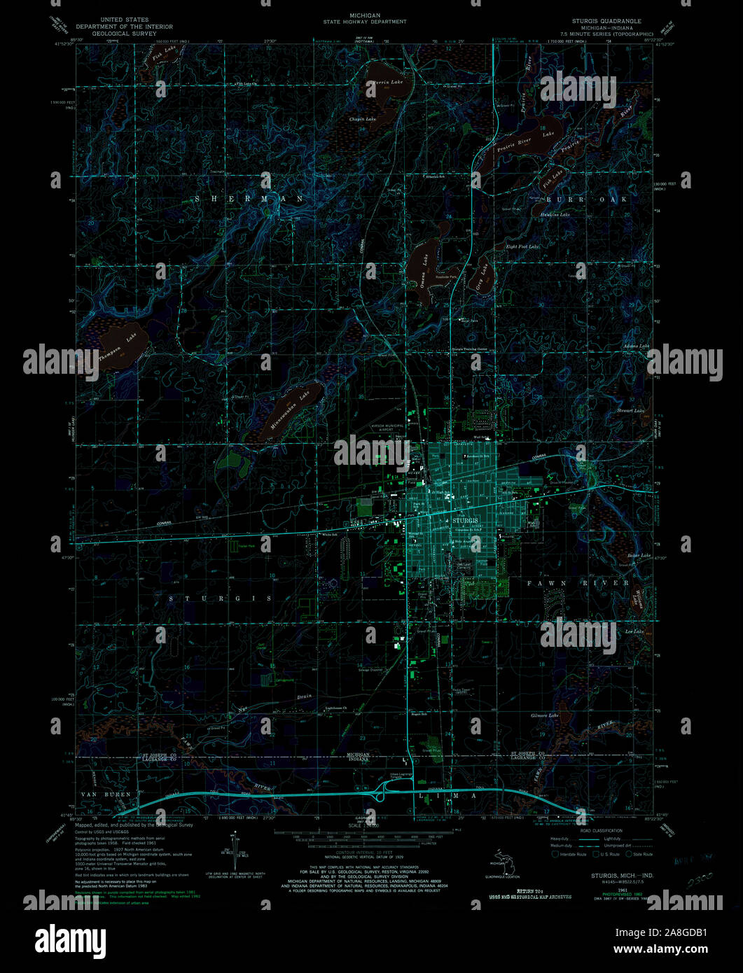 USGS TOPO Map Michigan MI Sturgis 277345 1961 24000 Inverted Stock Photo