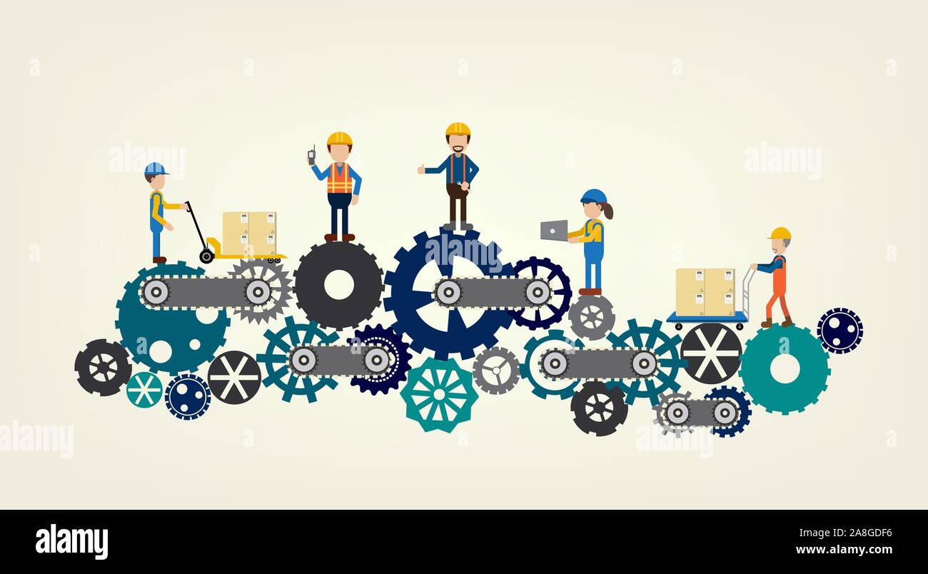 Industrial workers on gears flat design vector illustration Stock Vector