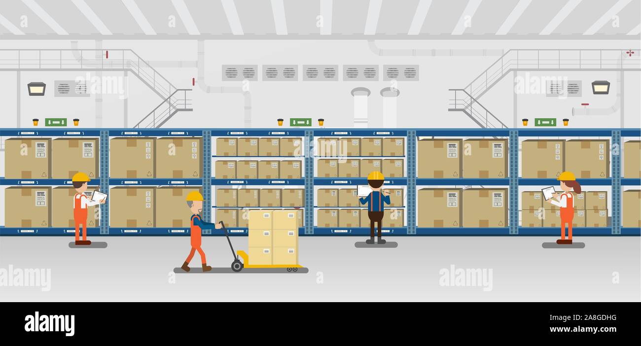 Warehouse in process with workers working flat design vector illustration Stock Vector