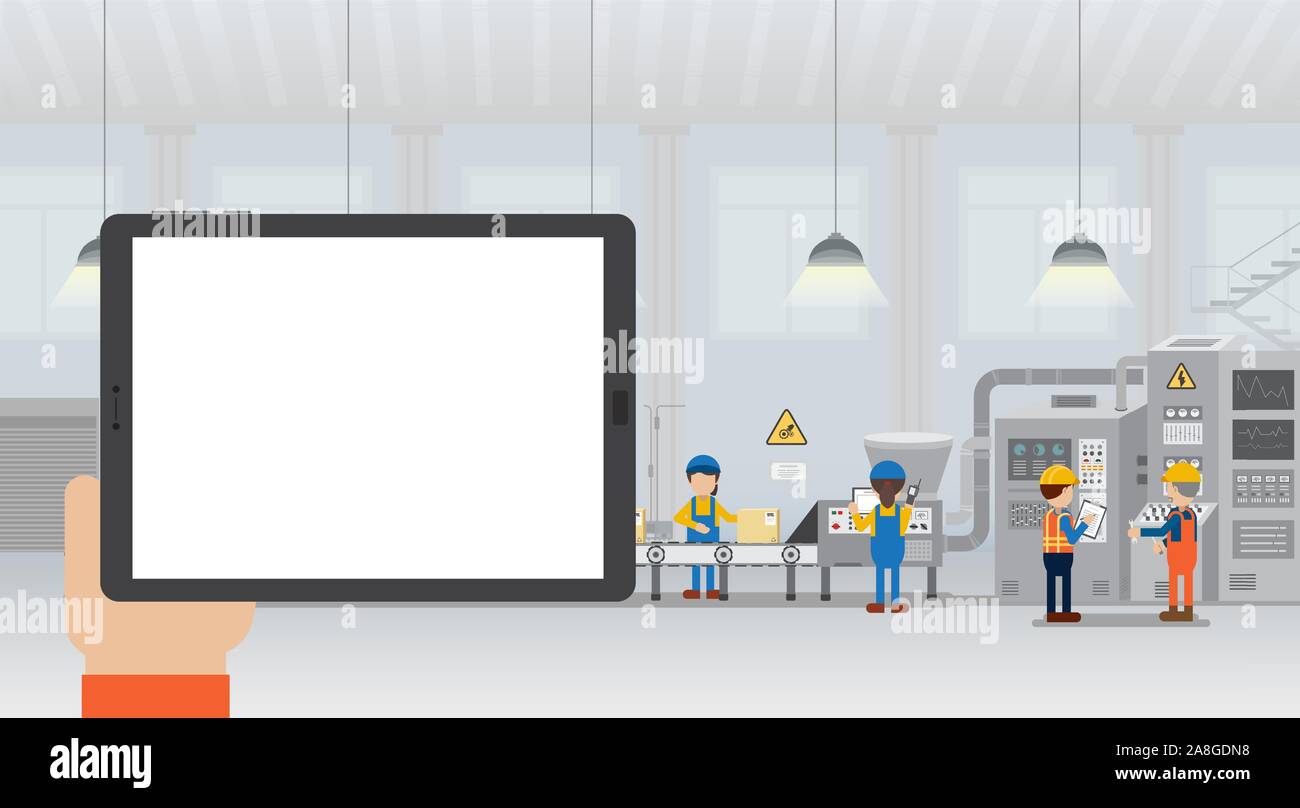 Hand hold empty screen tablet in factory with worker and machine flat design vector illustration Stock Vector