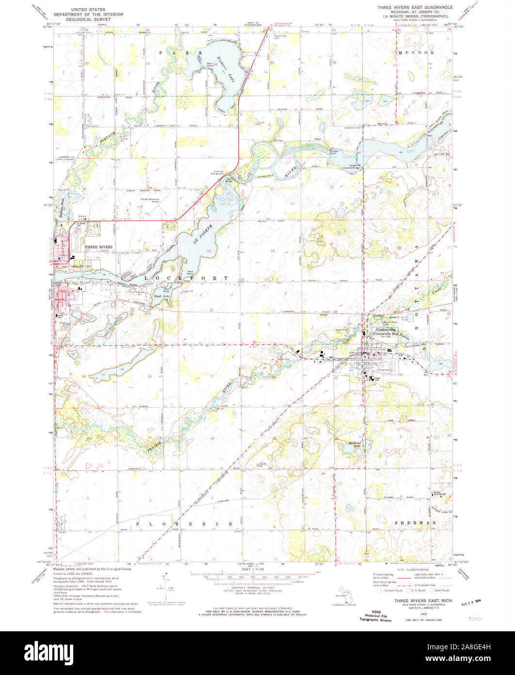 USGS TOPO Map Michigan MI Three Rivers East 277389 1972 24000 Stock Photo