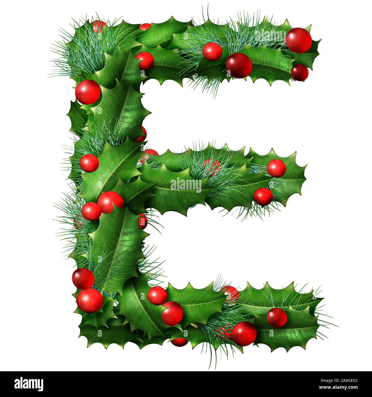 Holiday font letter E as a festive winter season decorated garland as a Christmas  or New Year seasonal alphabet lettering isolated on a white. Stock Photo
