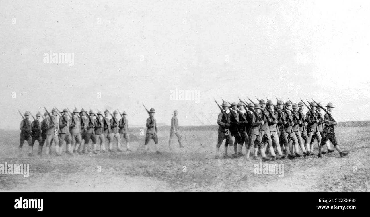 US soldiers drill on the parade grounds at a training camp in 1917 before going to war in World War I. Stock Photo