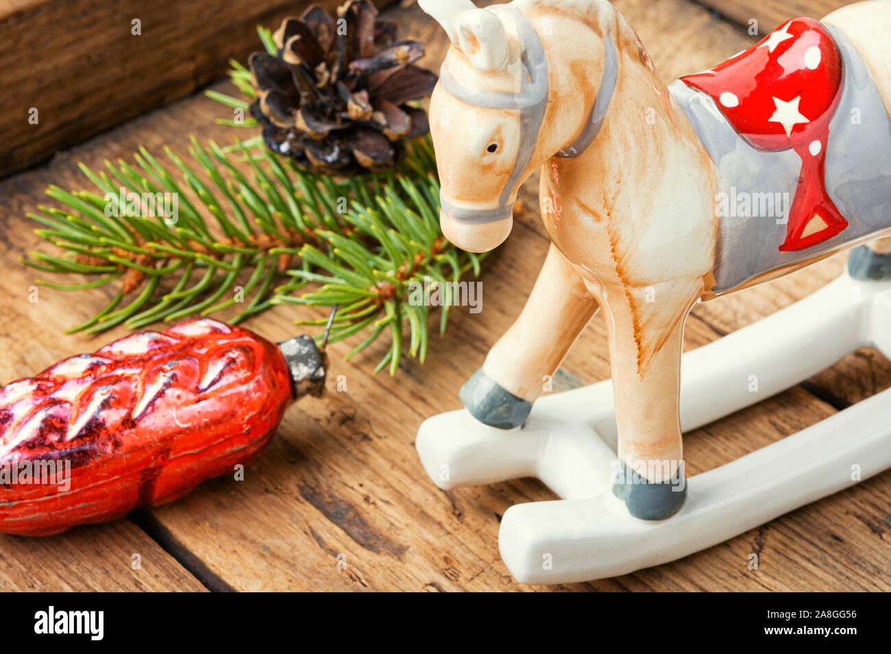 Christmas Tree Decorations On Wooden Background Symbolic Horse For