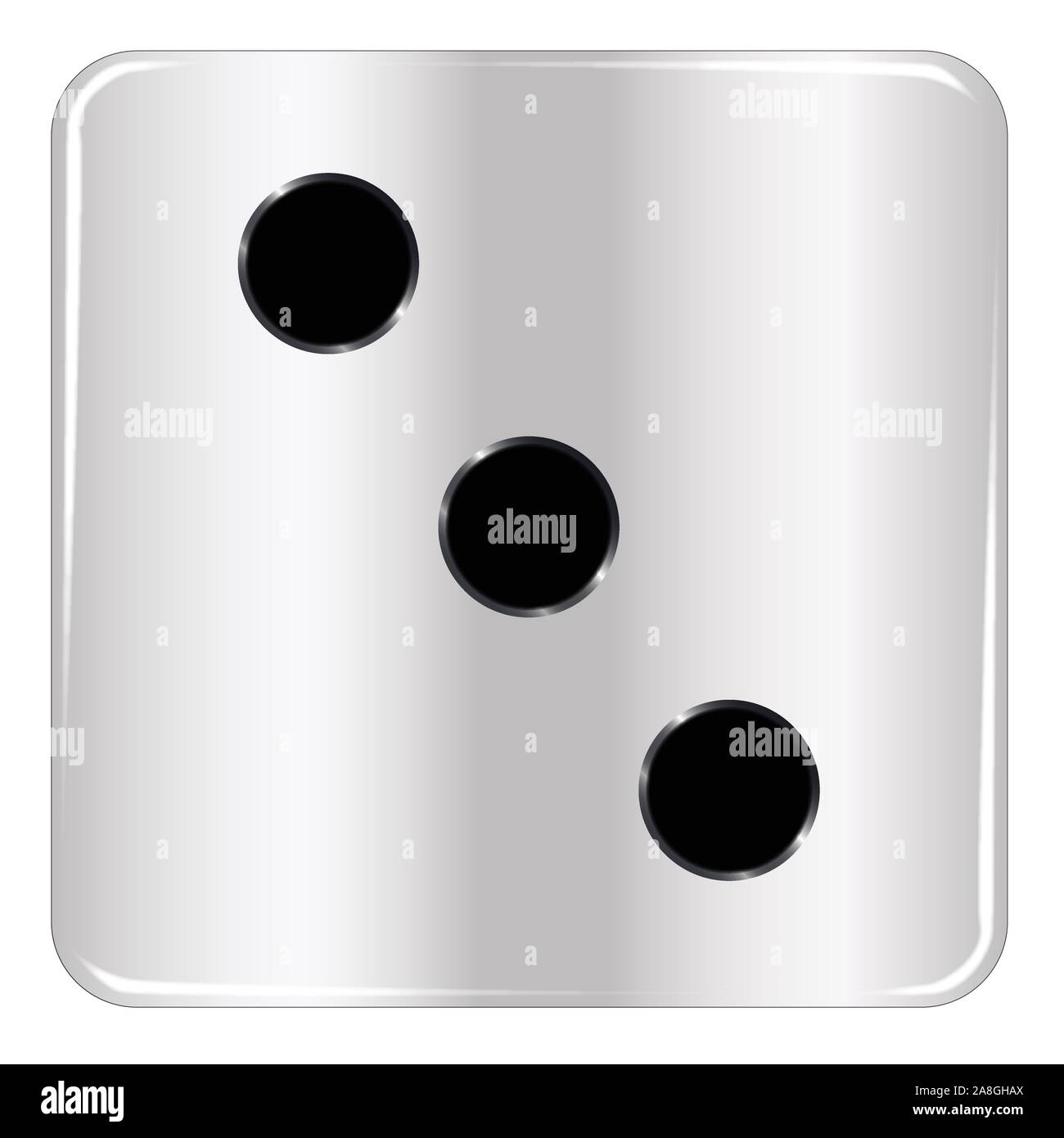 The face of a dice with three black spots over a white background Stock