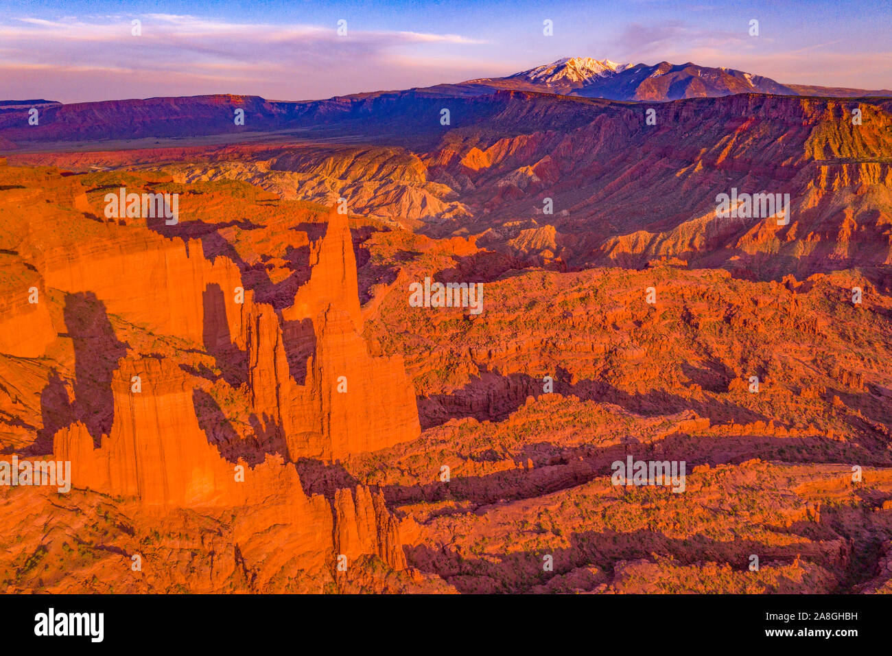 Fisher Towers and La Sal Mountains, Utah, Near Colorado River and Moab Stock Photo