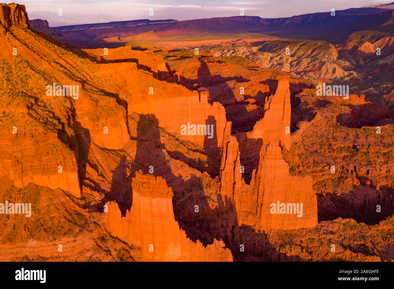 Fisher Towers and La Sal Mountains, Utah, Near Colorado River and Moab Stock Photo