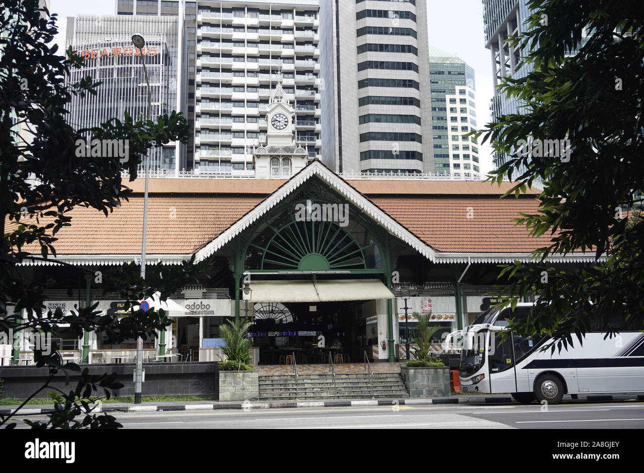 Lau Pa Sat hawker centre, also known as Telok Ayer Market, is a historic building located within the Downtown Central Area of Singapore. Stock Photo