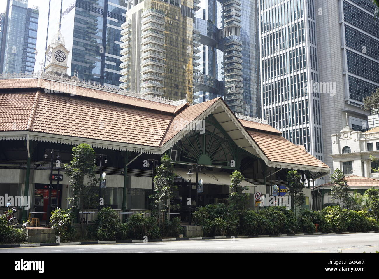 Lau Pa Sat hawker centre, also known as Telok Ayer Market, is a historic building located within the Downtown Central Area of Singapore. Stock Photo