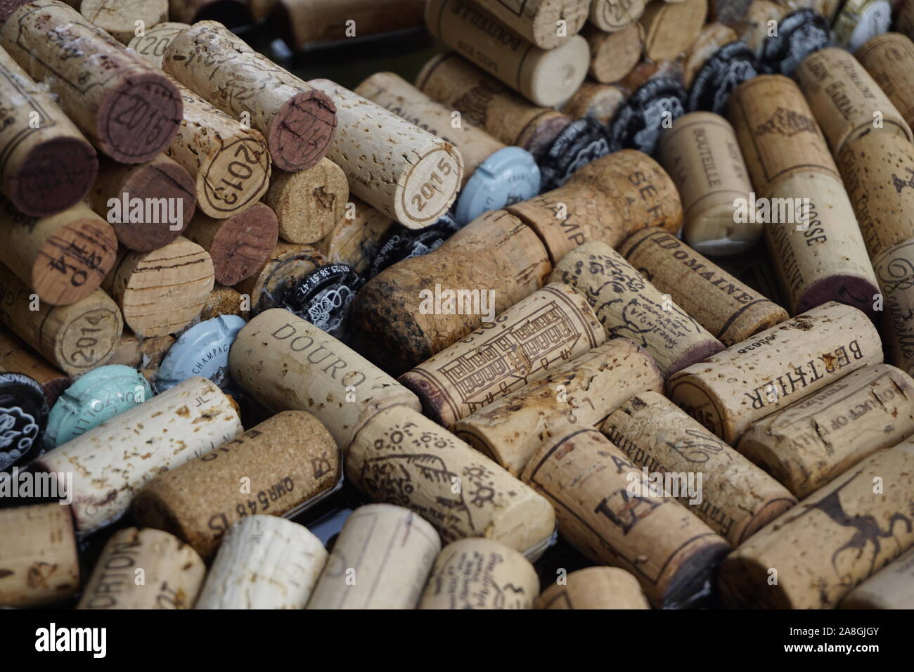 close up of champagne bottle corks Stock Photo