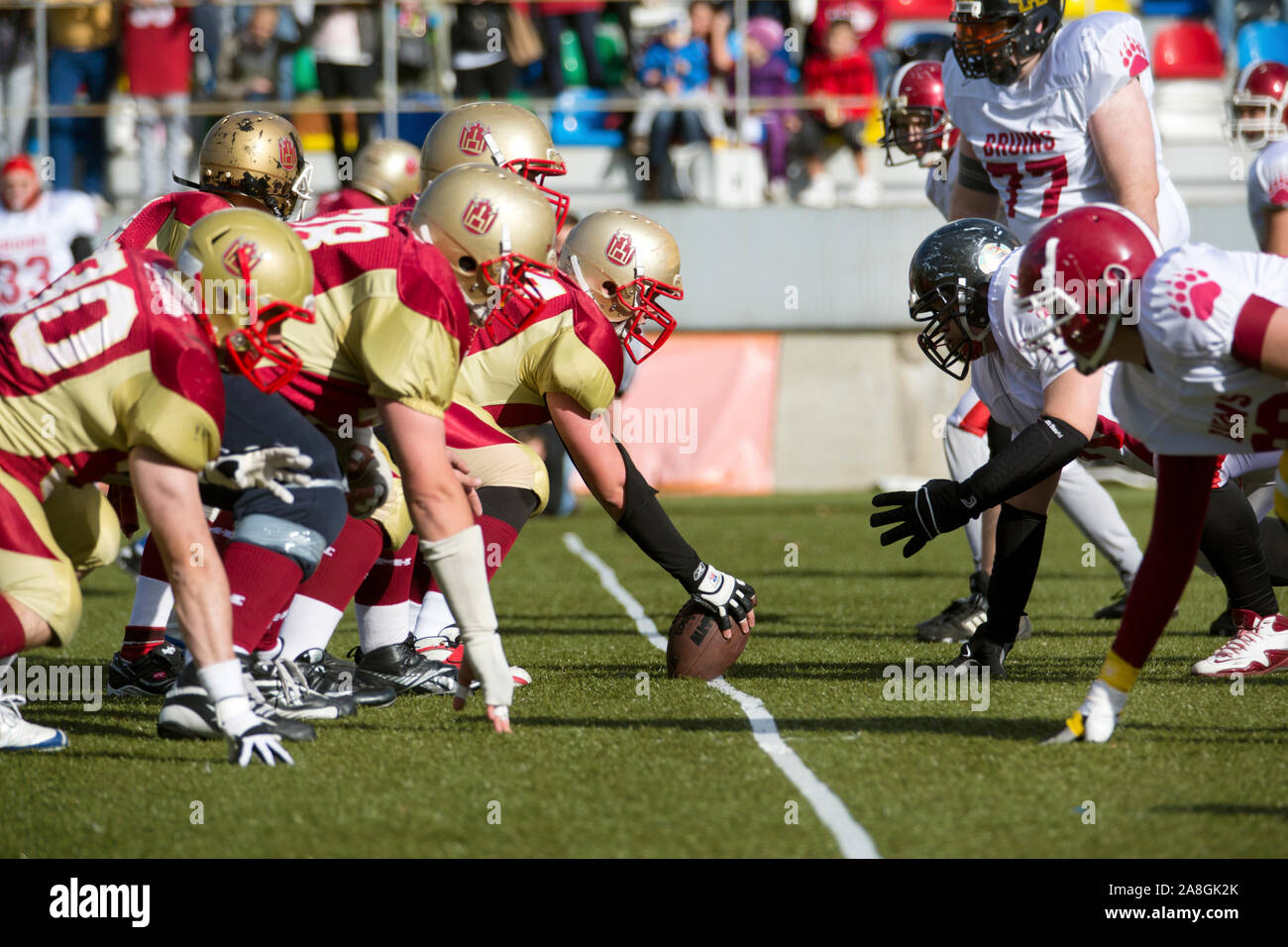 Moscow, Russia. 29th of September, 2012 Game moment in the match between the Moscow Bruins (Russia) and Minsk Litwins (Belarus)  of The American Football Eastern League Final at Trud stadium in Moscow Stock Photo