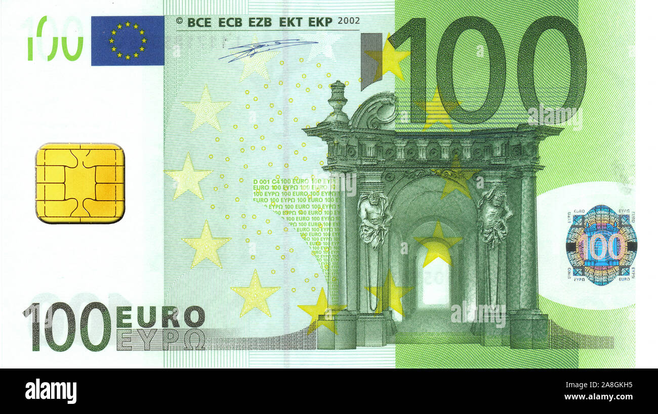 Bankomatgebuehr, 100 Euro Schein mit Chip, Stock Photo