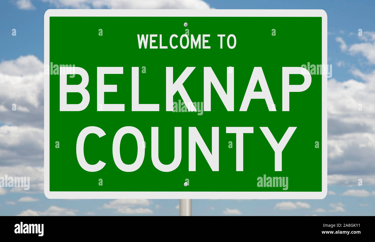 Rendering of a green 3d highway sign for Belknap County Stock Photo
