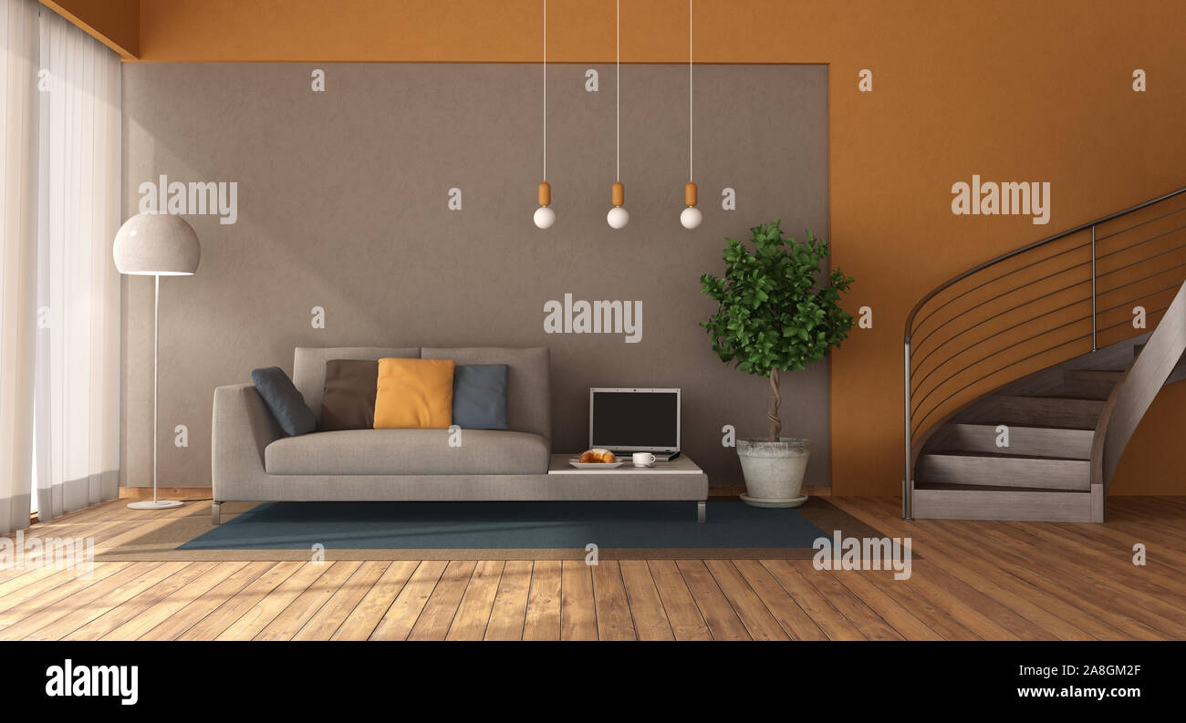 Brown and orange modern living room with sofa and wooden staircase - 3d rendering Stock Photo