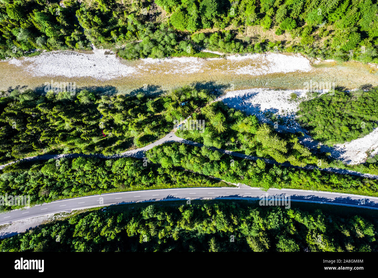 Aerial Walchen River near Sylvenstein lake. Karwendel mountais surrounding the valley. Austria Germany Boarder. Isar source spring Stock Photo