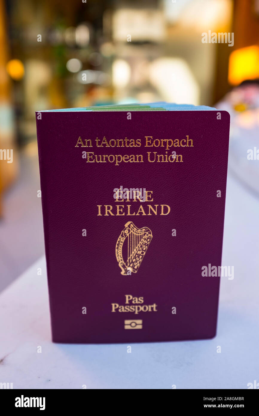 Irish passport, European Union. Passport issued by the Republic of Ireland. Irish passports are increasing demand from eligible applicants in the UK. Stock Photo