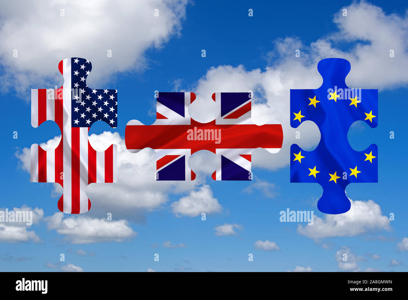 Puzzle Teile, USA, Grossbritannien, Europa, Handelskrieg, Zollunion, Brexit, zusammenfügen, anpassen, Stock Photo