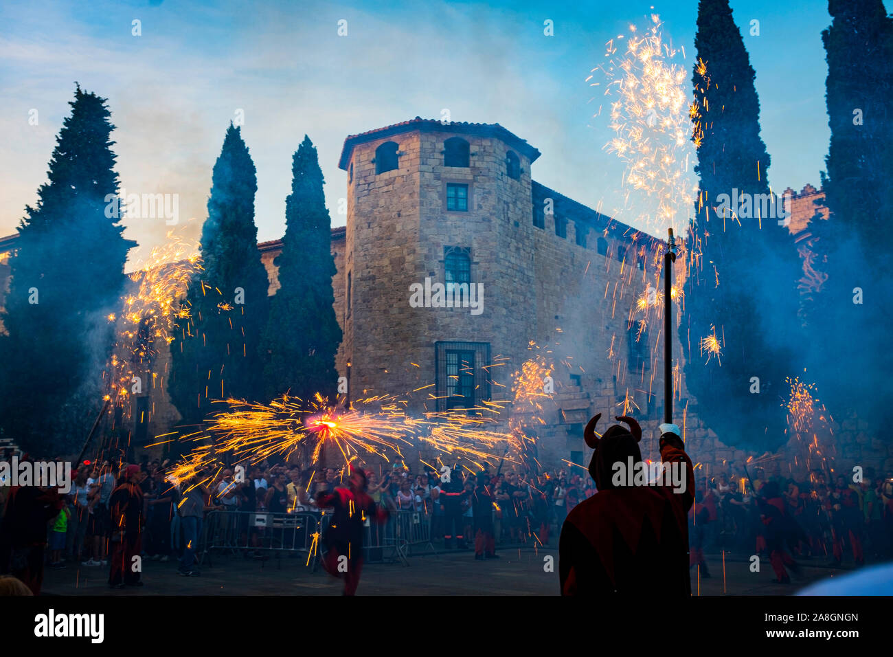 Saint John's Night Celebration 23 June 2019 - The Catalan Festival of Fire. Revetlla de Sant Joan -  Correfoc - fire running -  Placa Octavia, Sant Cu Stock Photo