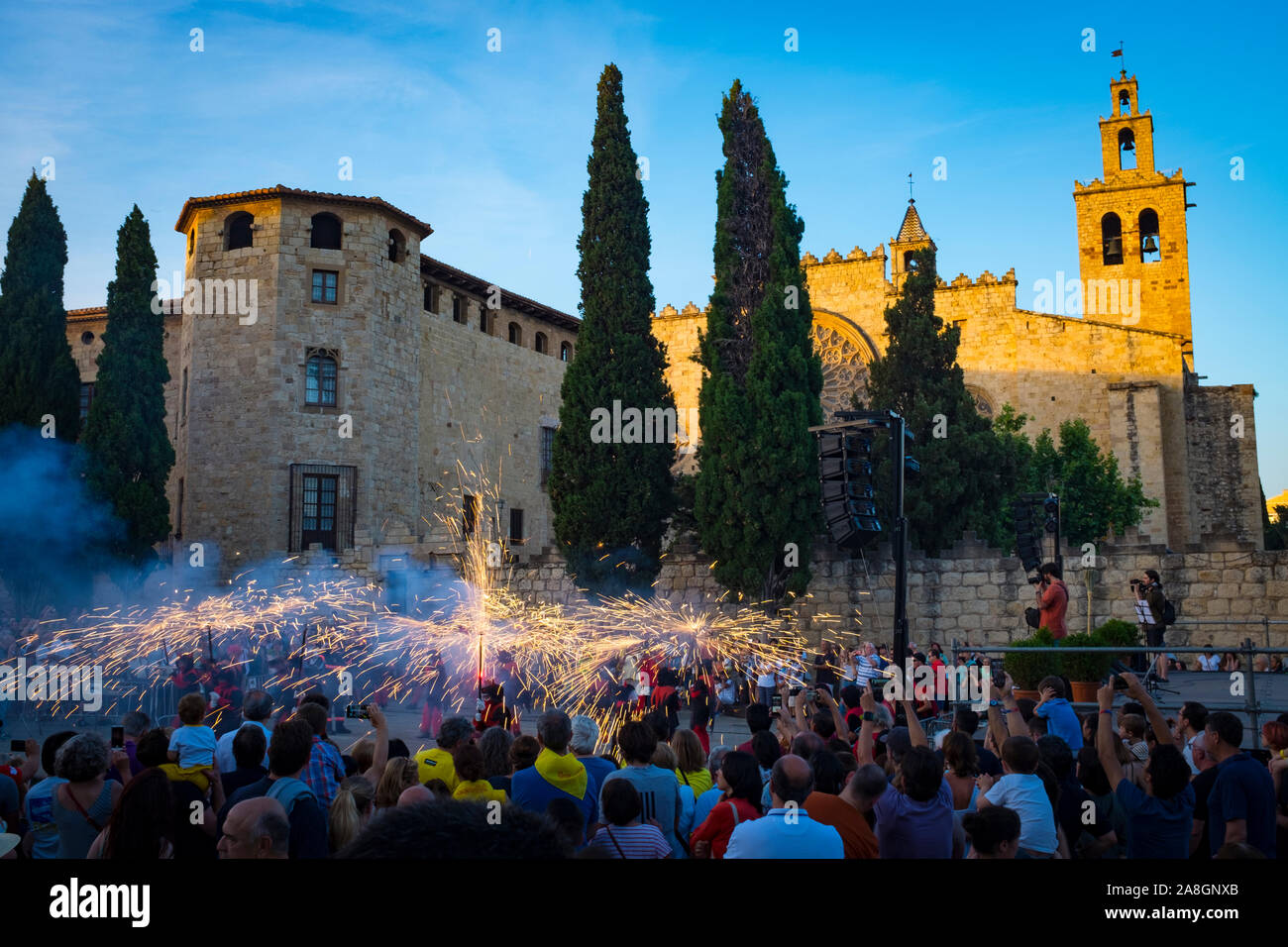 Saint John's Night Celebration 23 June 2019 - The Catalan Festival of Fire. Revetlla de Sant Joan -  Correfoc - fire running -  Placa Octavia, Sant Cu Stock Photo