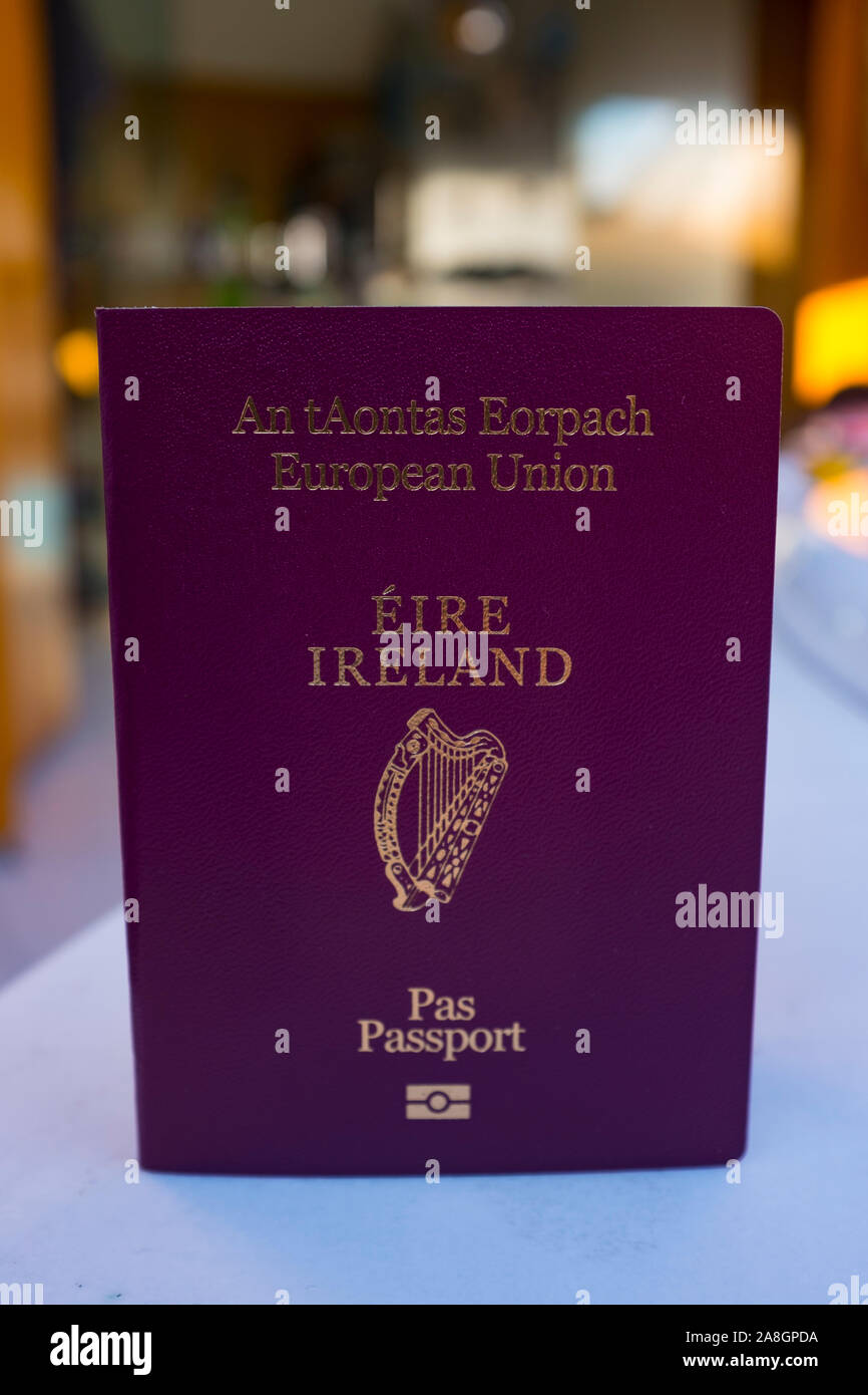 Irish passport, European Union. Passport issued by the Republic of Ireland. Irish passports are increasing demand in the UK following Brexit. Stock Photo