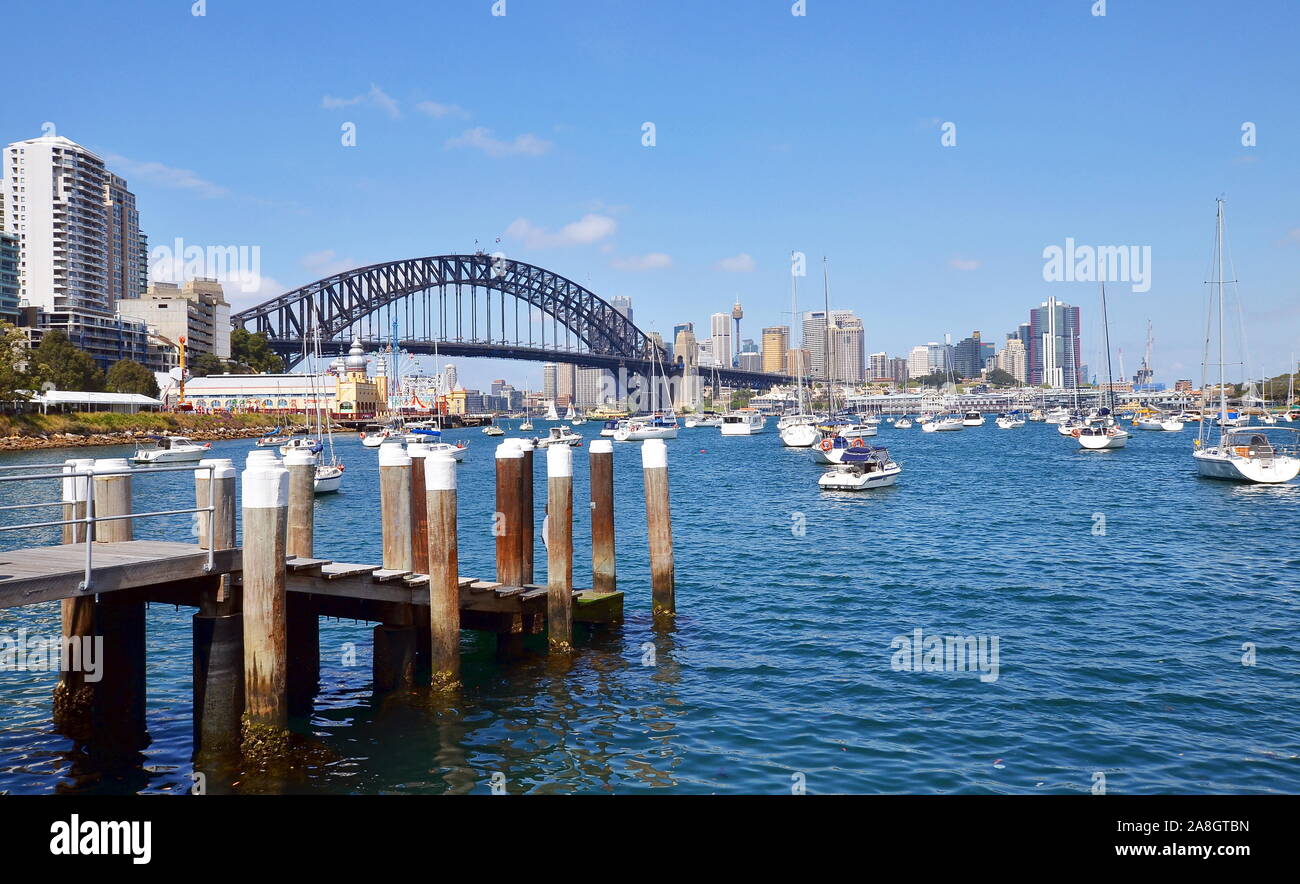 View on Sydney City Center, Harbor Bridge, Luna Park, boats and yachts from Lavender Bay. Sydney, Australia Stock Photo