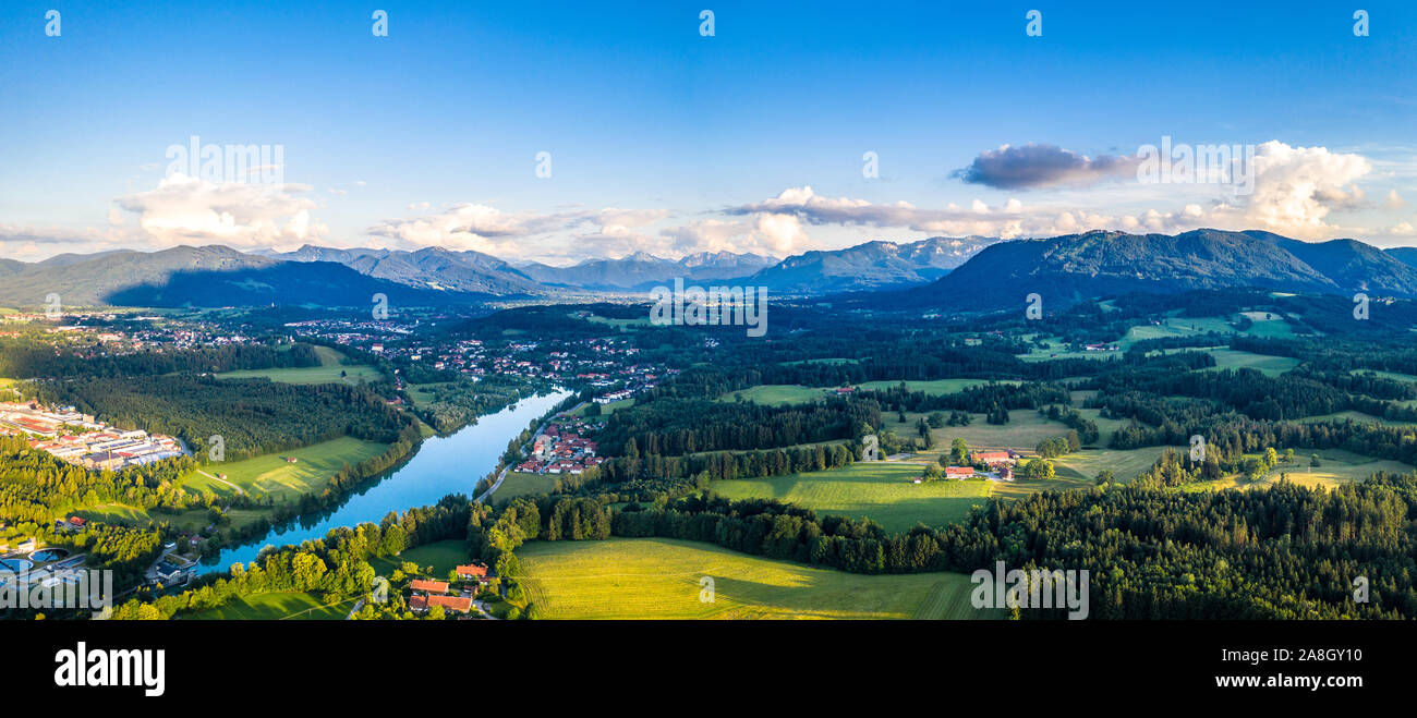 Aerial Panorama Bad Tölz, Isar Valley, Germany Bavaria. Sunset shot in June Stock Photo