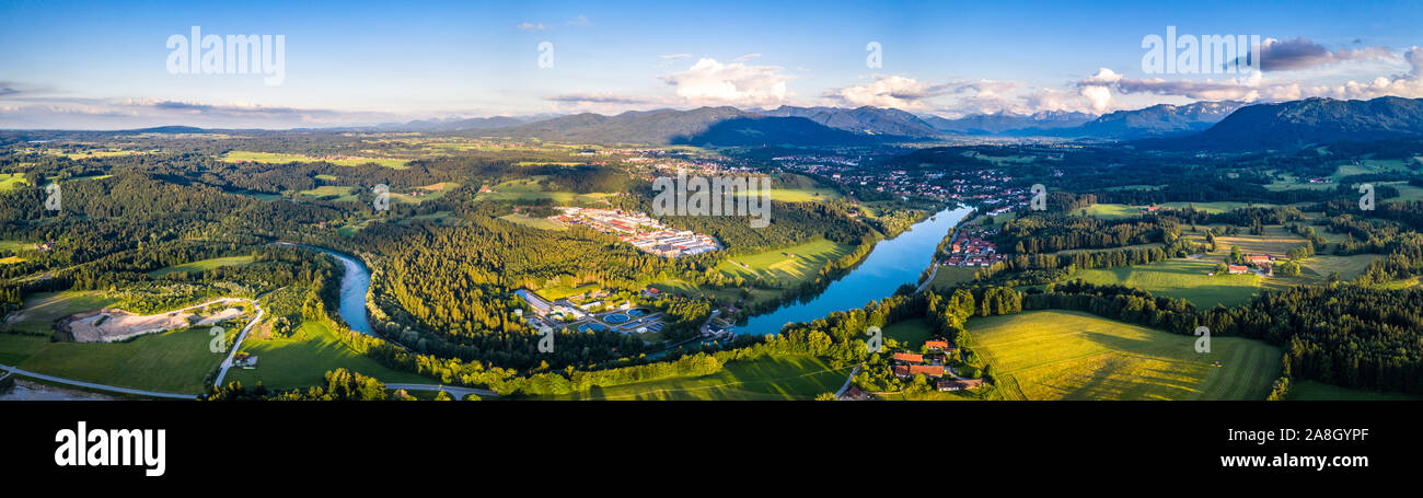 Aerial Panorama Bad Toelz, Isar Valley, Germany Bavaria. Sunset shot in June Stock Photo
