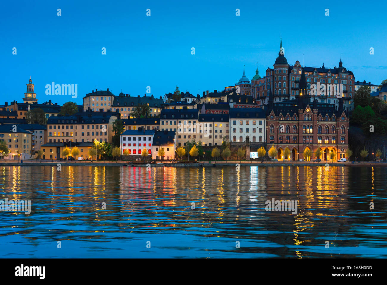 Stockholm night, view on a summer evening of scenic waterfront buildings along Söder Mälarstrand on Södermalm island, central Stockholm, Sweden. Stock Photo