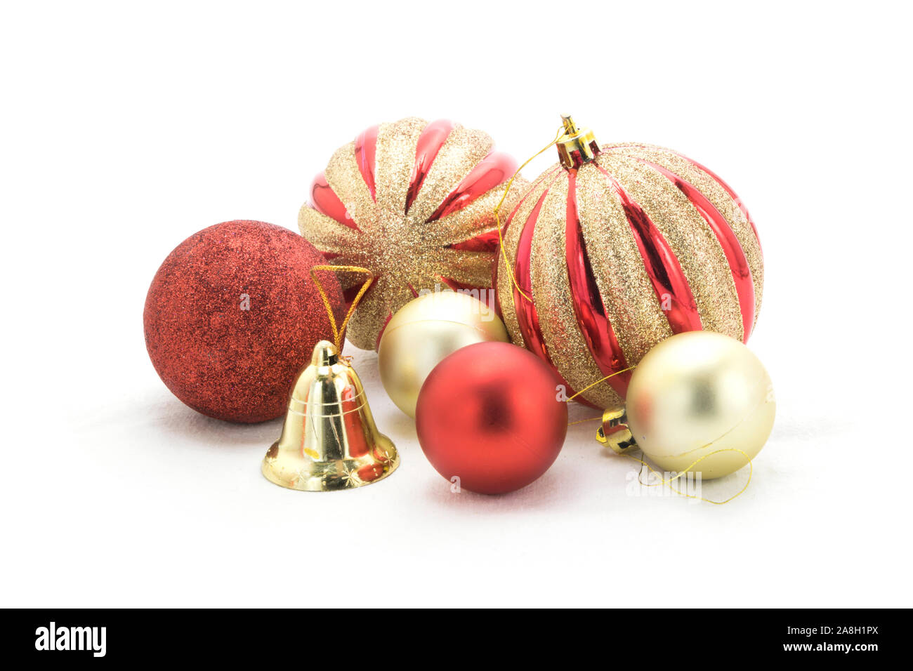 Christmas tree decoration: baubles, ribbons isolated on white background Stock Photo