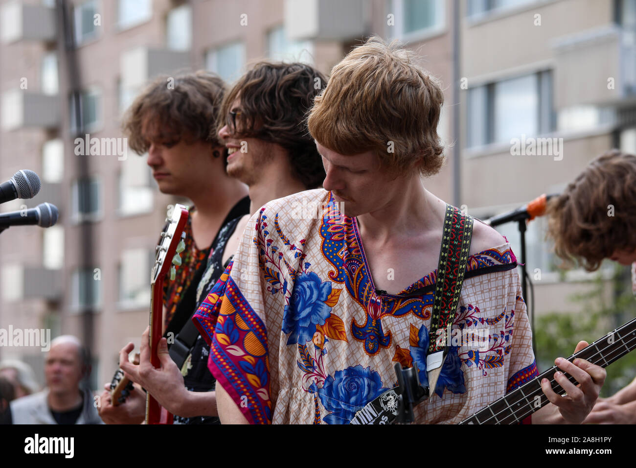 Henrik! backing band on stage at Kallio Block Party 2019 in Helsinki, Finland Stock Photo