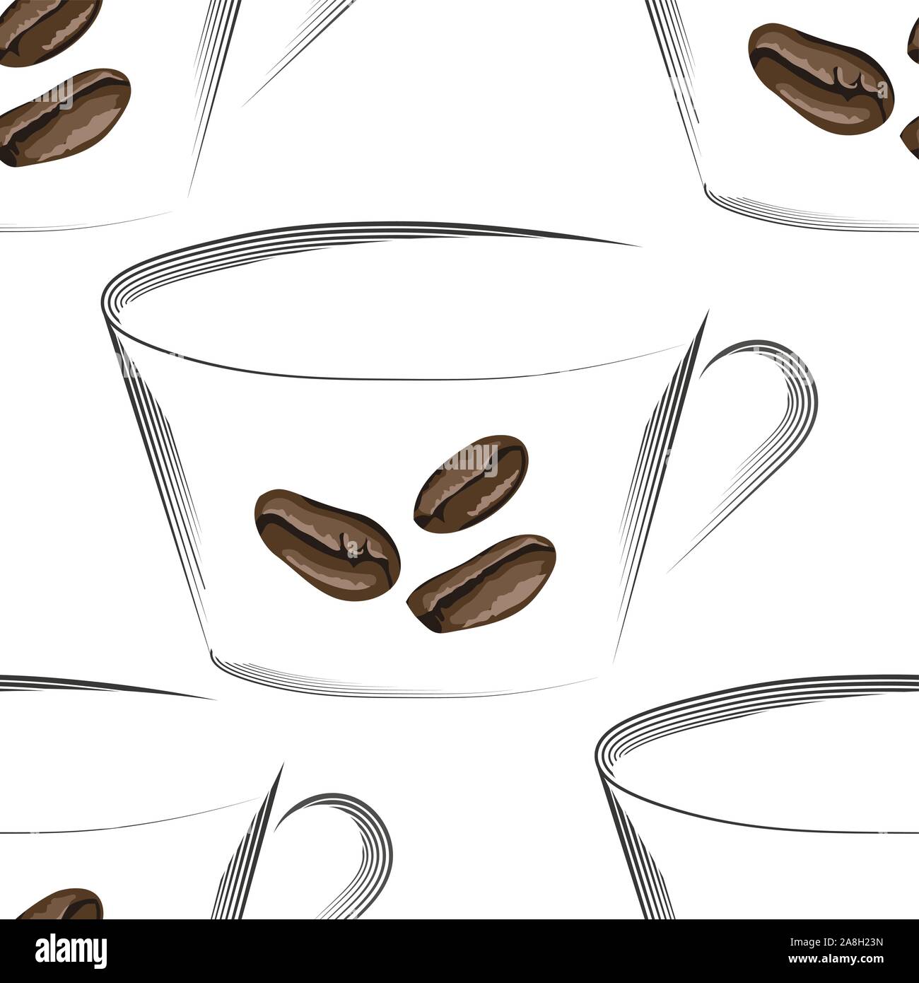 Coffee cup, beans. Abstract coffee cup for print design. Seamless background pattern. Seamless vector texture Stock Vector