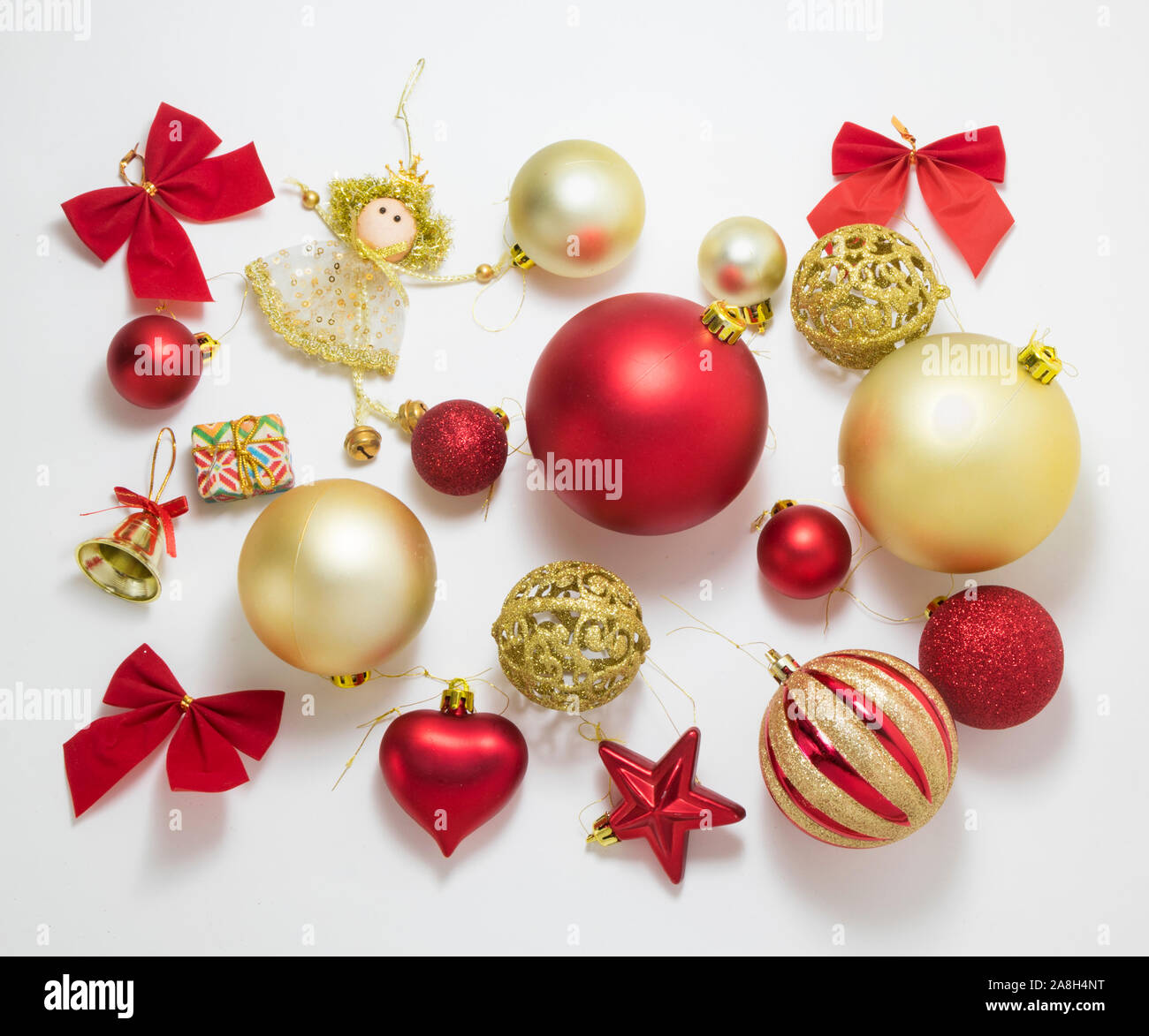 Christmas tree decoration: baubles, ribbons isolated on white background. Stock Photo