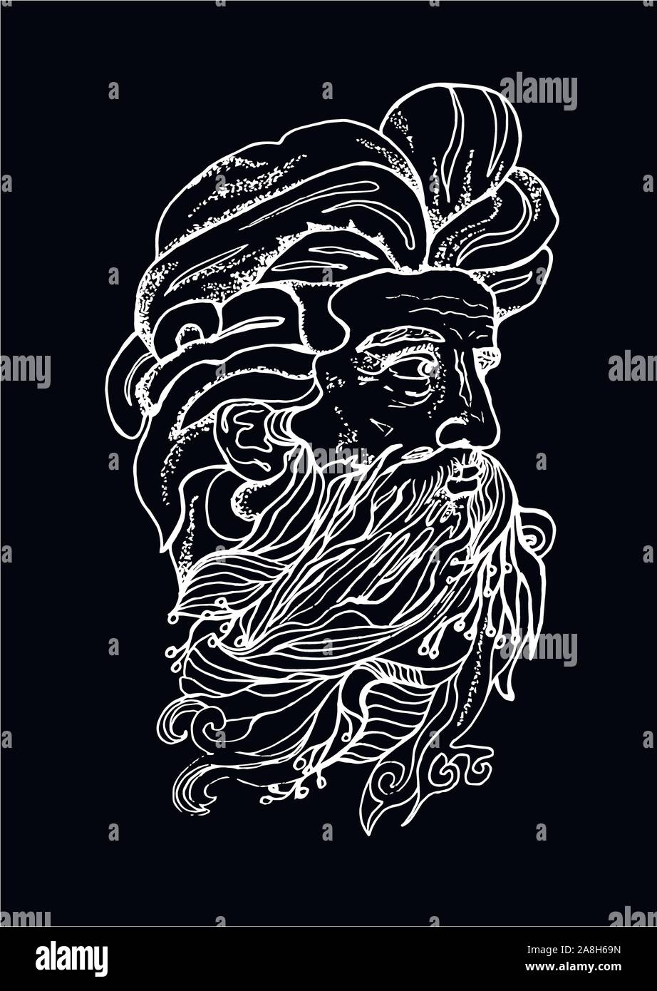 Black and white illustration of a man's head with a beard and branches. Stock Vector