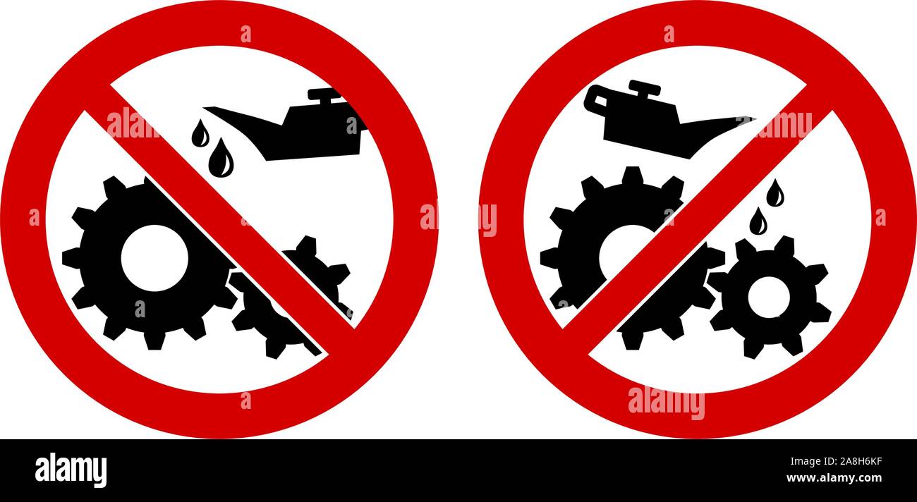 Do not lubricate / oil icon. Gear cogwheels with oilcan in red crossed circle, left and right version Stock Vector