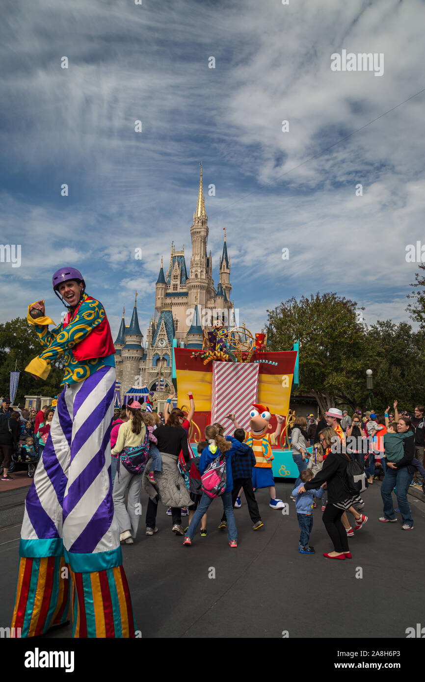 Orlando Florida,USA-December 11,2014:Disney main character Minnie Surprise Celebration parade on Main Street in Magic Kingdom at Walt Disney World. Stock Photo